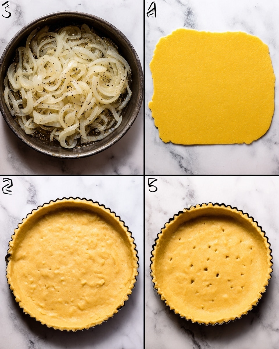 The image shows four steps of making a tart crust arranged in a grid. The first section shows a close-up of thinly sliced translucent onions cooking in a dark pan with specks of black pepper. The second section displays a flat, imperfect square of bright yellow dough rolled out on a white marbled surface. The third section features the same dough pressed evenly into a round tart pan with fluted edges, placed on the white marbled surface. The fourth section shows the tart crust in the pan after it has been baked to a light golden brown color with small holes poked across the surface, still sitting on the white marbled surface. photo taken with an iphone --ar 4:5 --v 7