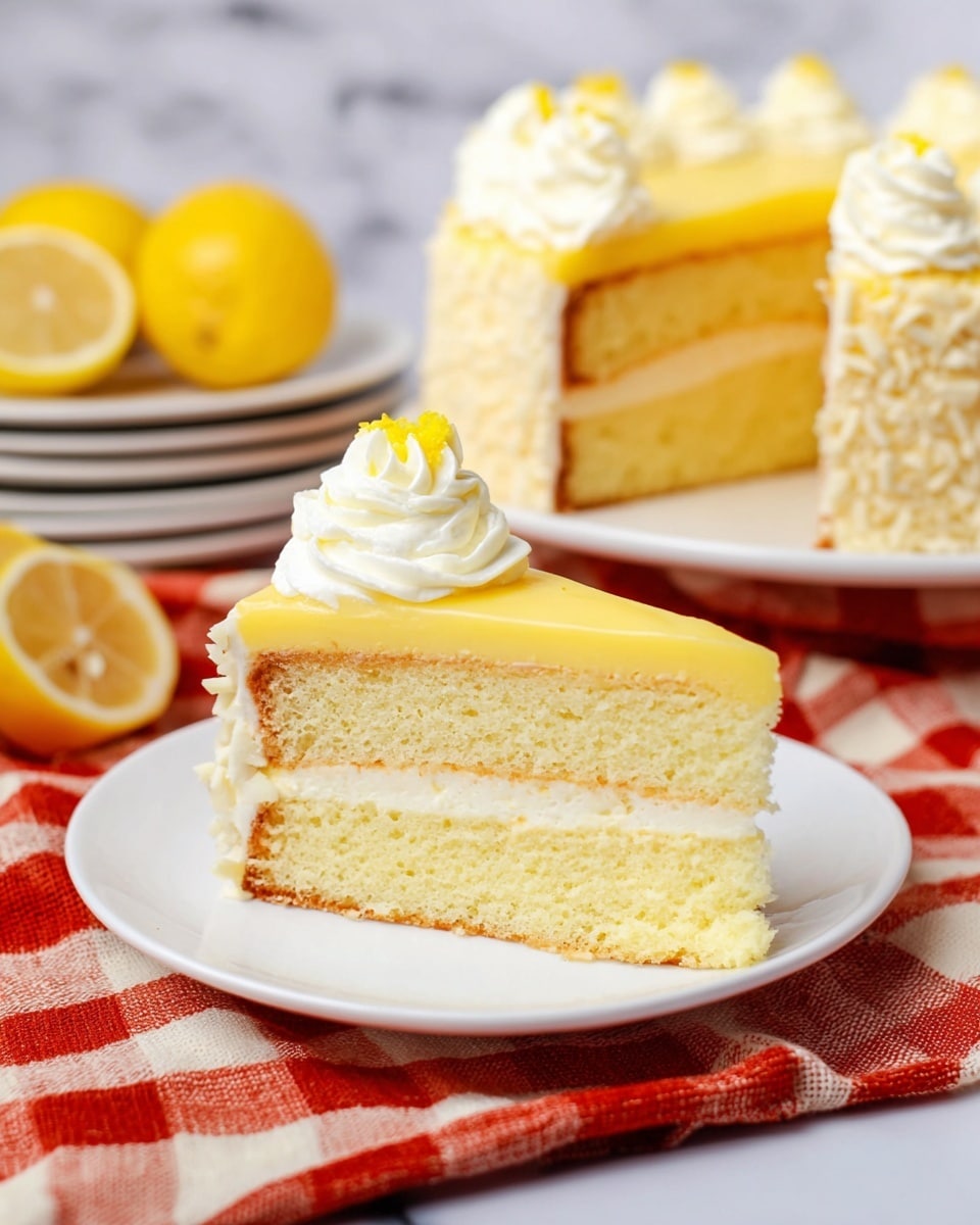 A slice of three-layer yellow cake sits on a white plate over a red and beige checkered cloth on a white marbled surface. The bottom layer is a light yellow cake, followed by a thicker creamy frosting layer, then a second yellow cake layer, a thin white cream layer, and topped with a smooth yellow glaze. The sides of the slice are covered with small white chocolate curls. On top, there is a swirl of white cream with a small yellow dollop in the center. In the background, a full cake with the same layers and cream swirls can be seen, along with sliced lemons and a stack of white plates. Photo taken with an iphone --ar 4:5 --v 7