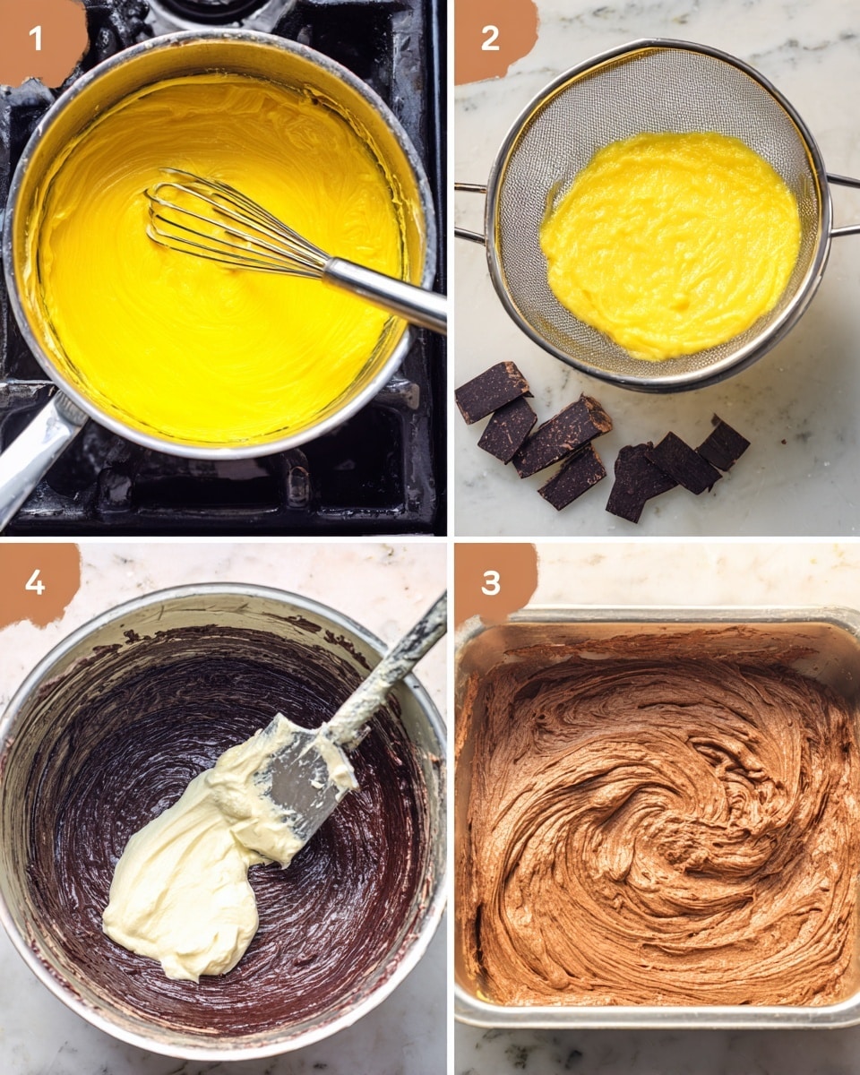 The image shows four close-up steps of a chocolate dessert mixture process, arranged in a 2x2 grid. In the top left is a pot on a stove with a bright yellow mixture being stirred with a metal whisk; the texture is smooth and shiny. The top right shows a metal strainer holding a thick yellow mixture being strained over a white marbled surface, with a few dark chocolate pieces scattered beneath. The bottom left features a mixing bowl with a dark chocolate batter being stirred with a spatula, and a white thick dollop of cream or similar ingredient added on top. The bottom right displays a metal container filled with mixed chocolate batter that has a light, fluffy texture, spread evenly inside. Photo taken with an iphone --ar 4:5 --v 7