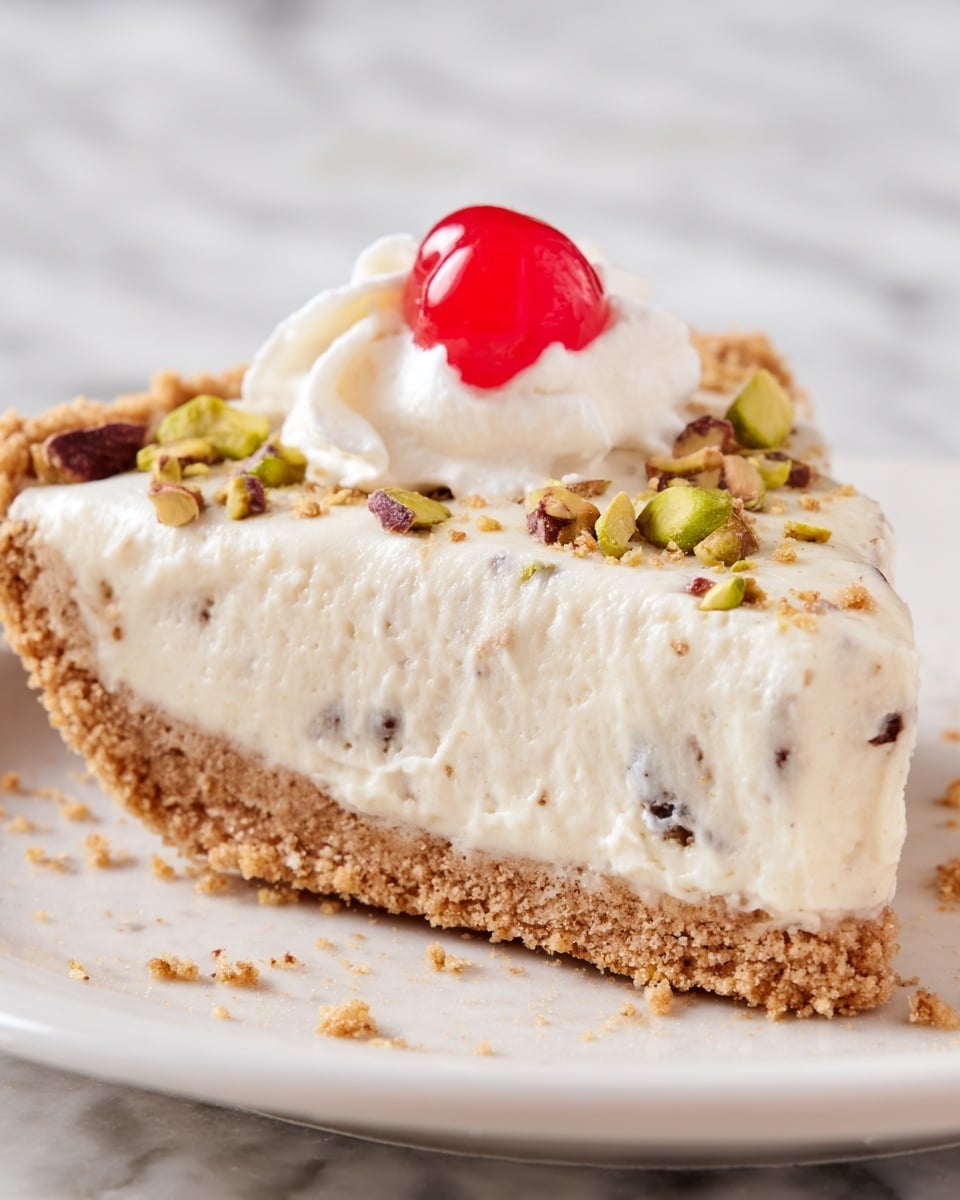 A single slice of pie with three visible layers is placed on a white plate on a white marbled surface. The bottom layer is a thick, crumbly light brown crust with a rough texture. The middle layer is a creamy off-white filling with small dark specks evenly mixed in, looking smooth and soft. On top, there is a small swirl of white whipped cream with a bright red cherry sitting in the center, surrounded by scattered small chunks of green pistachios. Photo taken with an iphone --ar 4:5 --v 7