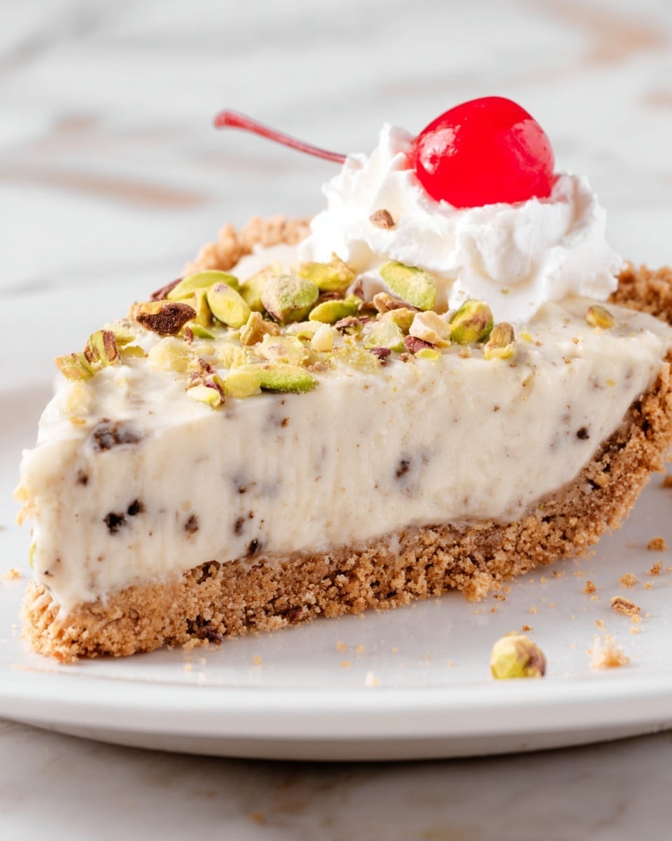 A slice of pie with three visible layers rests on a white plate over a white marbled surface. The bottom layer is a thick, crumbly golden-brown crust. The middle layer is a creamy off-white filling with small dark specks spread evenly throughout, giving it a smooth but slightly textured look. On top of the filling are small pieces of greenish pistachio nuts scattered around a dollop of white whipped cream placed near the back edge of the slice. A bright red maraschino cherry sits on top of the whipped cream, adding a pop of color. Photo taken with an iphone --ar 4:5 --v 7
