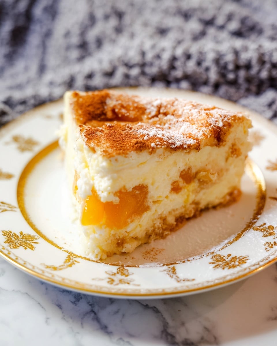 A slice of creamy dessert with a golden-brown crust on top sits on a white plate with a delicate gold floral pattern. The dessert has two visible layers: a thick, smooth, light yellow cream filling studded with chunks of soft orange fruit at the bottom, and a slightly browned, thin crust layer dusted with a light sprinkle of cinnamon or brown sugar on top. The plate rests on a white marbled surface, and in the background, a blurred grey textured cloth adds a soft touch to the scene. photo taken with an iphone --ar 4:5 --v 7
