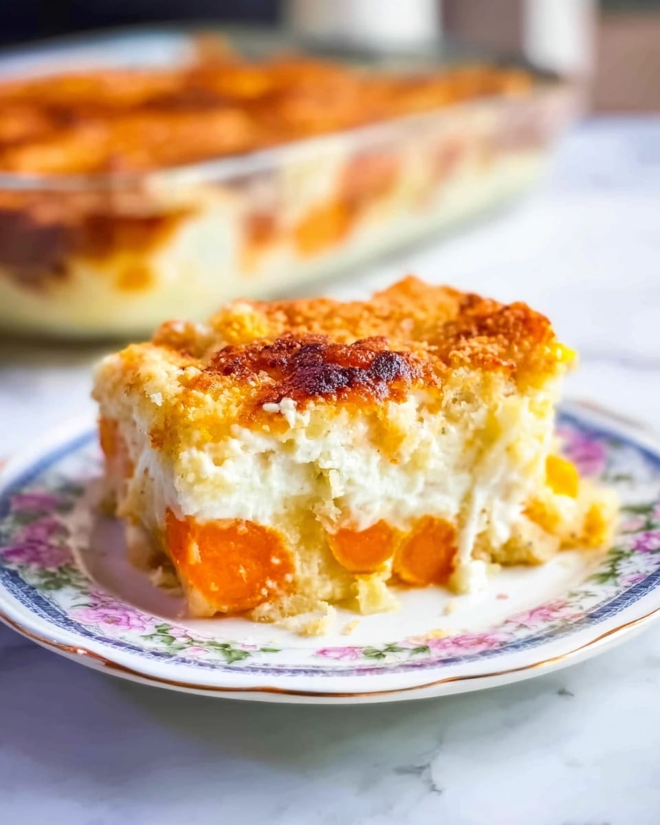A slice of layered vegetable casserole is shown on a white floral plate, placed on a white marbled surface. The casserole slice has three visible layers: the bottom layer is orange with soft, round pieces of cooked carrots; the middle layer is white and creamy, looking smooth and thick; the top layer is golden brown with a lightly toasted, crumbly texture and some small melted cheese spots. In the background, the rest of the casserole is visible in a clear glass baking dish. The lighting is bright and natural. Photo taken with an iphone --ar 4:5 --v 7