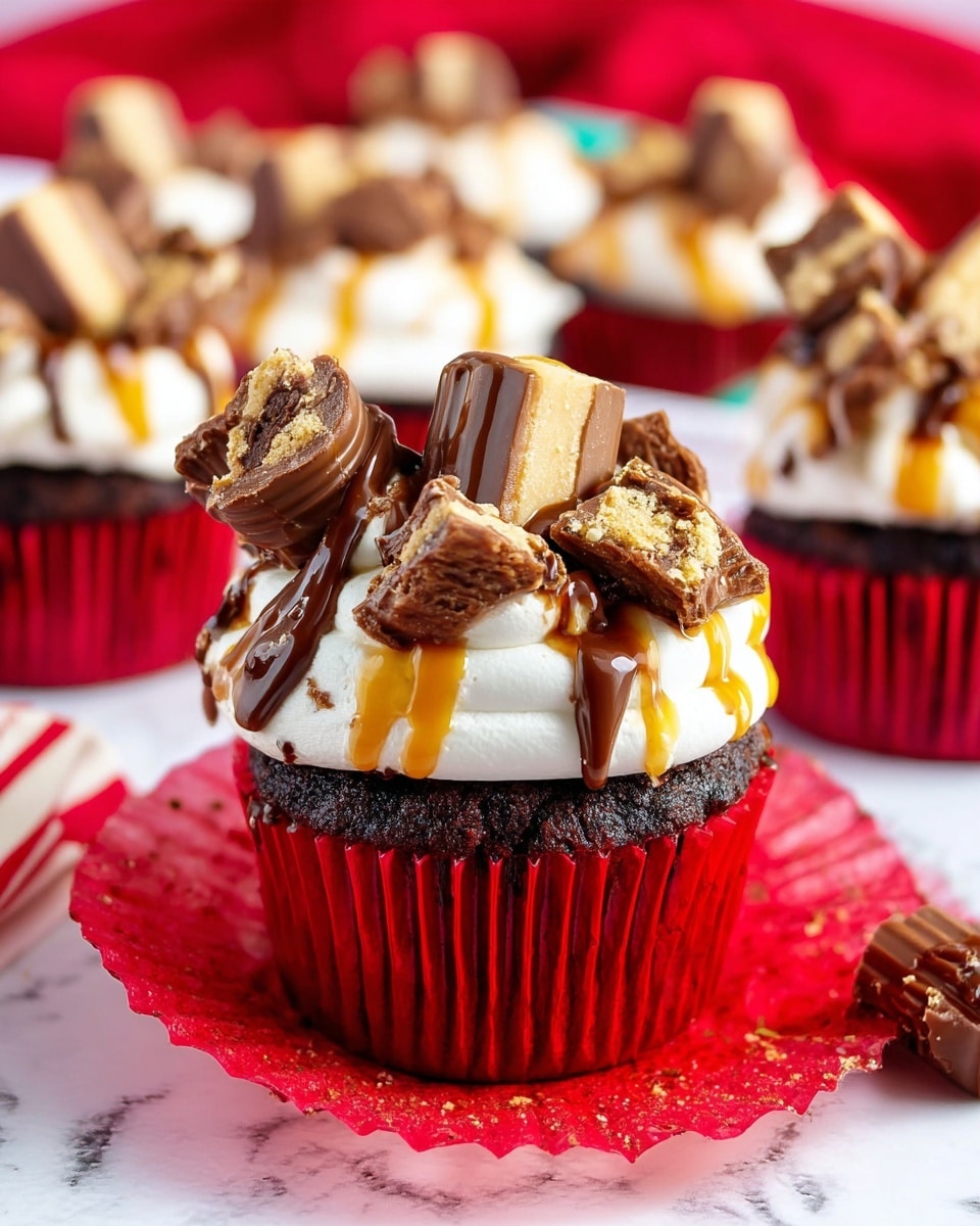 The image shows a chocolate cupcake in a bright red paper liner, topped with a thick layer of white whipped cream frosting. On top of the frosting are pieces of chopped chocolate candy bars in light brown and tan shades, and two halves of a chocolate-covered candy bar with a soft beige center sit at the peak. The cupcake is drizzled with smooth dark chocolate and golden caramel sauces that cascade down the sides of the white frosting. The background features more cupcakes of the same type, some blurred, on a white marbled surface with a red cloth underneath some of the cupcakes. Photo taken with an iphone --ar 4:5 --v 7