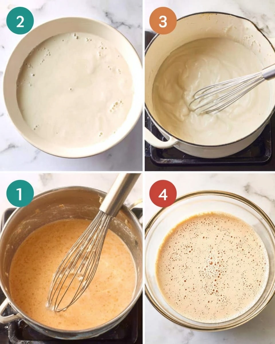 The image shows four steps of making a sauce, each in a separate frame with colored circles numbering them from 1 to 4. In the first frame, a white bowl is filled with a thick white liquid with slight bubbles on the surface, placed on a white marbled background. The second frame shows a white pot on a stove holding a pale cream sauce being stirred with a whisk. The third frame is a close-up of a whisk inside the white pot, mixing a light brown sauce with visible small specks. The fourth frame shows the light brown sauce with bubbles on top inside a clear glass bowl on a white marbled surface. photo taken with an iphone --ar 4:5 --v 7