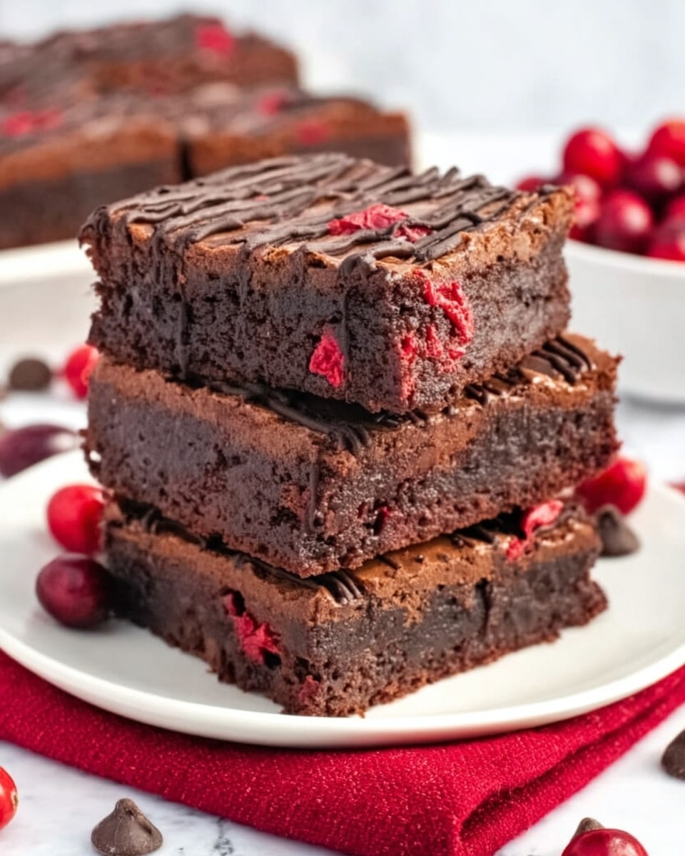 The image shows a stack of three thick, rich brownies on a white plate with a red cloth underneath. Each brownie has a dense, dark brown base with a slightly rough texture and visible chocolate chips scattered throughout. The top layer is a smoother, lighter brown with a drizzle of chocolate in thin lines. Small red bits, likely dried fruit, are mixed into the brownies, adding spots of color. The background is a white marbled surface with some scattered chocolate chips and red berries around the plate. Photo taken with an iphone --ar 4:5 --v 7