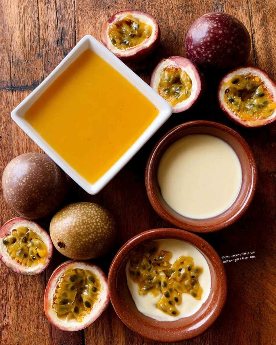 The image shows a wooden surface with several whole and halved passion fruits scattered around. On the left side, there is a white square dish filled with bright orange passion fruit juice. On the right side, two small brown bowls hold light creamy liquids labeled as sweetened condensed milk and heavy cream. The passion fruit pulp inside the halved fruits is yellow-green with black seeds, adding texture and color contrast. The overall look is fresh and natural. Photo taken with an iphone --ar 4:5 --v 7