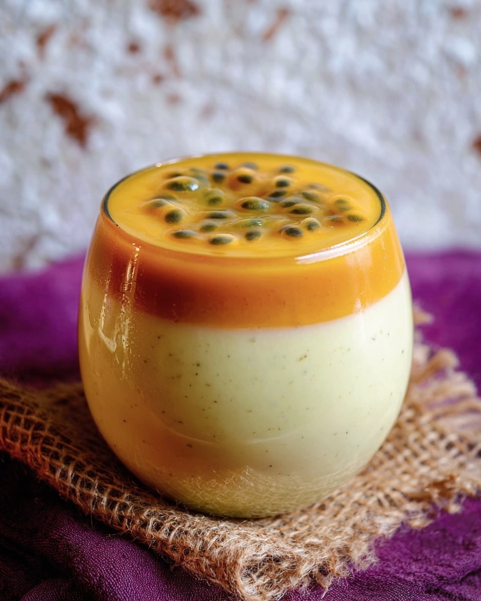 A round glass cup holds three clear layers starting from the bottom: a pale creamy layer with tiny dark specks, a middle gradient layer that shifts from light yellow to warm brown, and a top smooth creamy layer finishing with a swirl of bright yellow passion fruit sauce dotted with small greenish-black seeds. The glass sits on a piece of beige burlap over a purple cloth, all set against a blurred white marbled surface. photo taken with an iphone --ar 4:5 --v 7