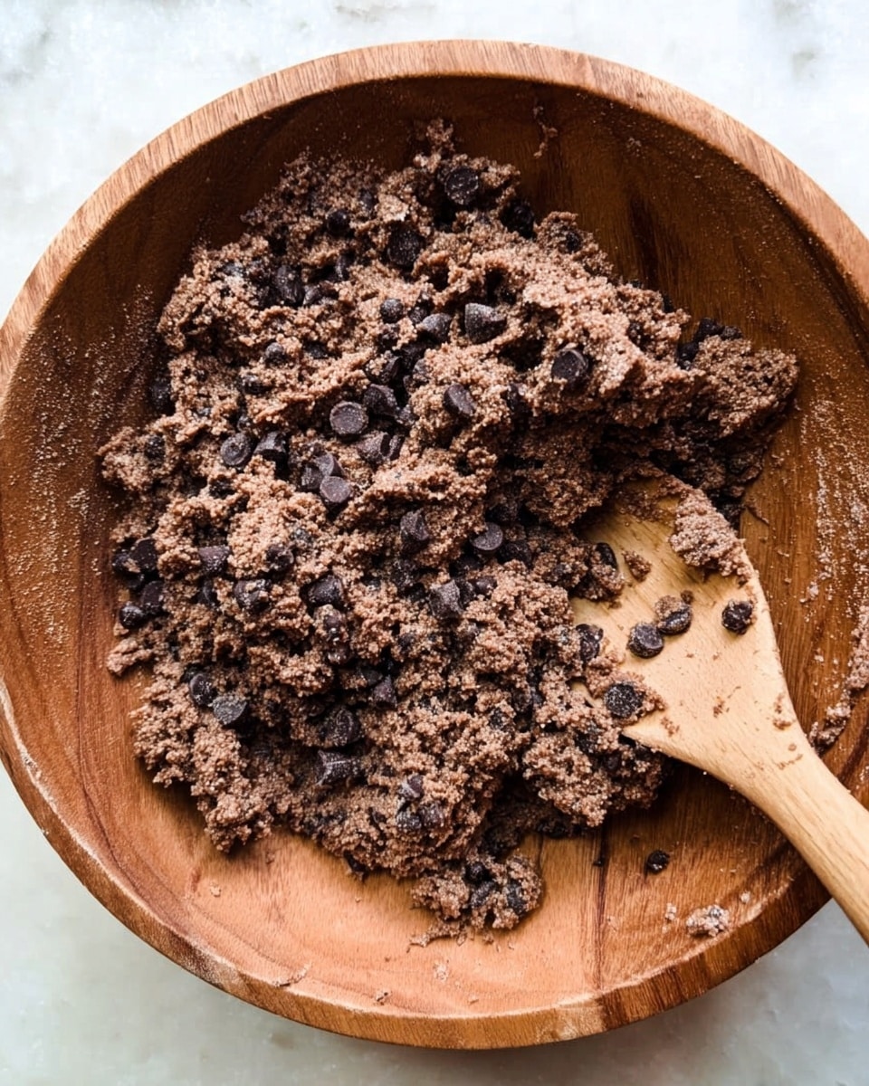 A wooden bowl filled with a thick, crumbly chocolate dough mixed with dark chocolate chips scattered throughout, showing a rough texture; a wooden spoon is partially submerged on the right side, resting against the bowl's edge, with bits of dough clinging to it, all placed on a white marbled surface. photo taken with an iphone --ar 4:5 --v 7