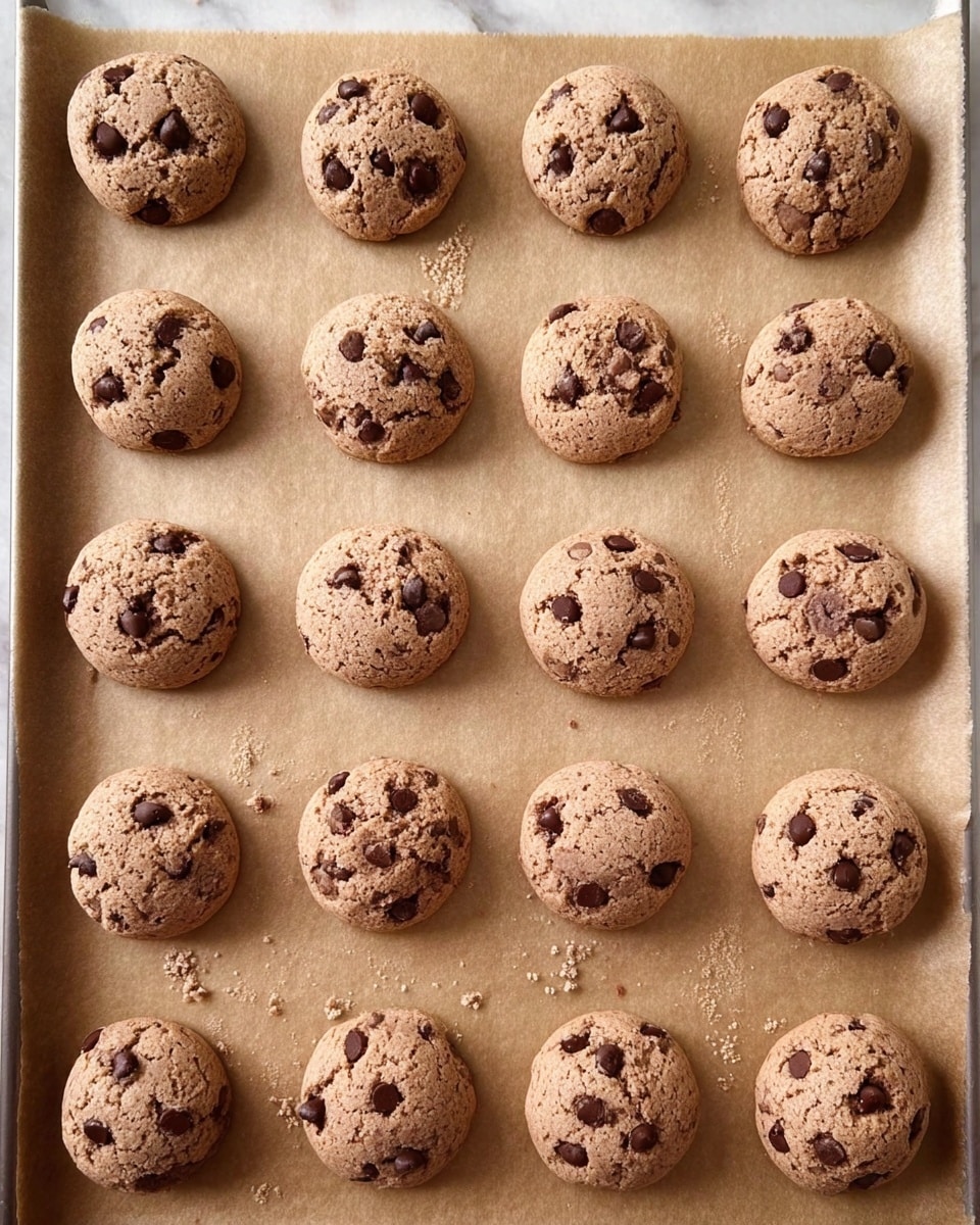 A flat tray covered with light brown parchment paper holds 24 small round cookies arranged in a neat grid of 4 rows and 6 columns. Each cookie is a light brown color with a slightly cracked surface texture and visible dark brown chocolate chips scattered evenly across the top. The cookies have a soft, slightly crumbly look with a few small crumbs around them on the parchment. The background is a white marbled surface photo taken with an iphone --ar 4:5 --v 7