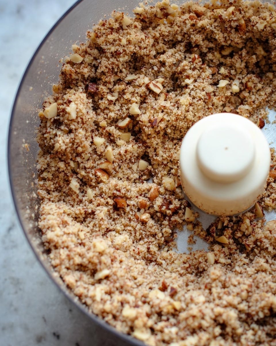 A close-up view of a metal food processor bowl filled with finely ground nuts that are light brown with bits of darker brown showing the texture of chopped pieces. The machine's white plastic center blade attachment is visible on the right side, partially covered with some nut bits. The texture looks crumbly and uneven with various sized pieces mixed together. The background shows a white marbled surface. photo taken with an iphone --ar 4:5 --v 7
