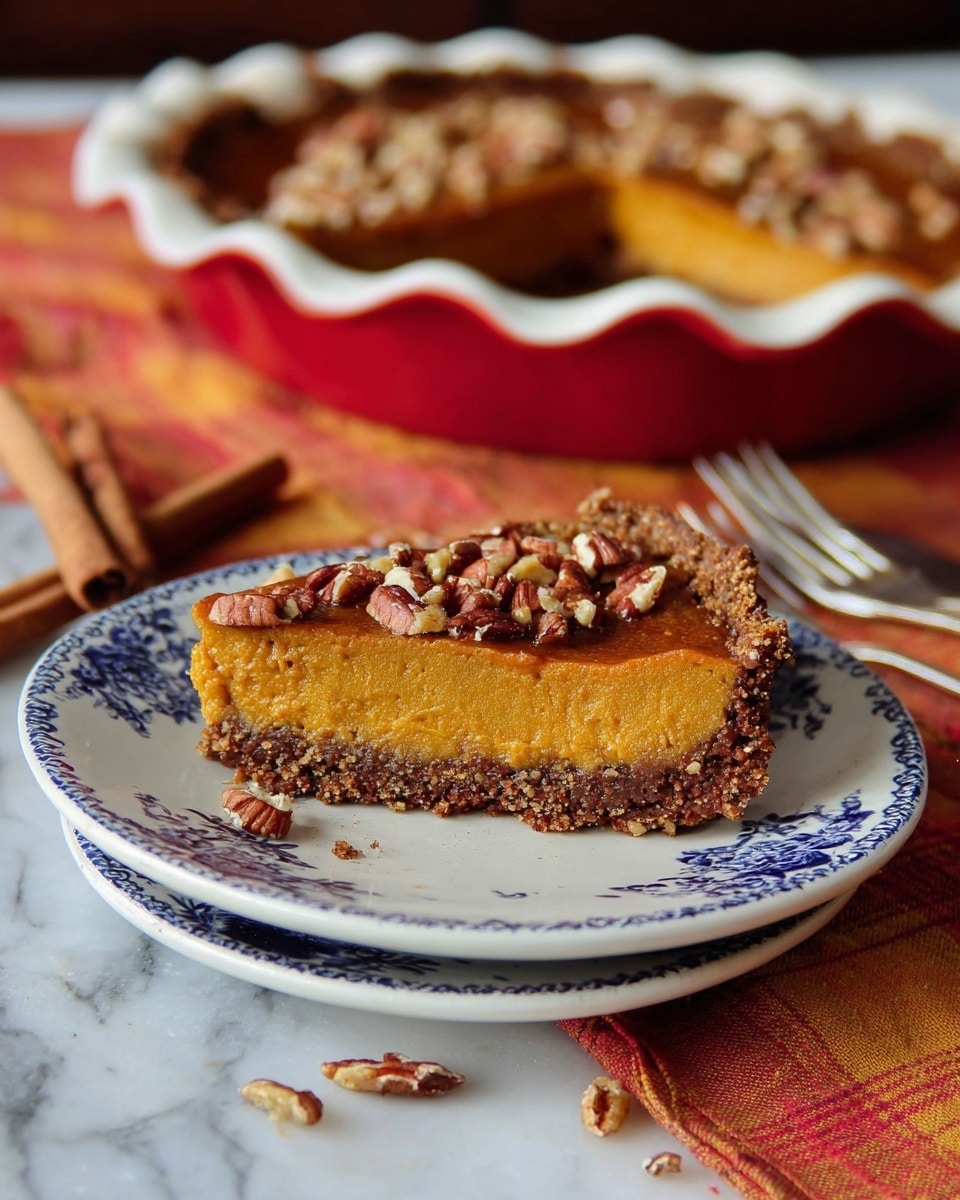 A single slice of pumpkin pie sits on top of two stacked white plates with blue floral patterns. The pie has three layers: a textured, dark brown nutty crust at the bottom, a smooth, dense orange pumpkin filling in the middle, and a slightly cracked golden-brown top sprinkled with small pieces of pecans. The slice is placed on a white marbled surface with an orange, red, and yellow checkered cloth underneath. In the background, a red pie dish with scalloped white edges filled with more pumpkin pie is slightly blurred. Two silver forks are placed nearby, and two cinnamon sticks rest near the plates. Photo taken with an iphone --ar 4:5 --v 7