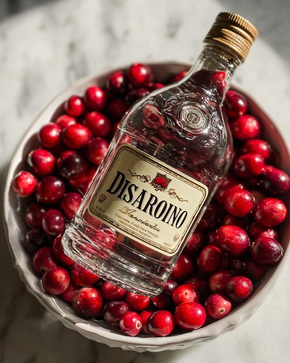 A clear glass bottle of Disaronno liqueur is placed tilted inside a white bowl filled with bright red cranberries, which surround the bottle closely. The bowl rests on a white marbled surface, creating a clean and simple background. The bottle's label is cream-colored with gold and black text, standing out sharply against the rich red cranberries. photo taken with an iphone --ar 4:5 --v 7