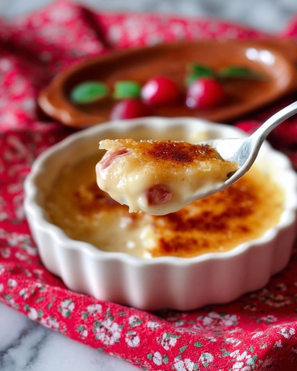The image shows a white spoon held close to the camera, filled with a creamy dessert that has a light golden, caramelized top layer with small spots of darker caramel. Under the top layer, the dessert is pale and smooth with visible bits of red fruit inside. In the background, there is a shallow round dish filled with the same dessert, showing a caramelized golden brown surface and garnished with three red fruits and small green leaves. The dish sits on a white marbled surface with a red and white cloth that has a floral pattern spread underneath. Photo taken with an iphone --ar 4:5 --v 7