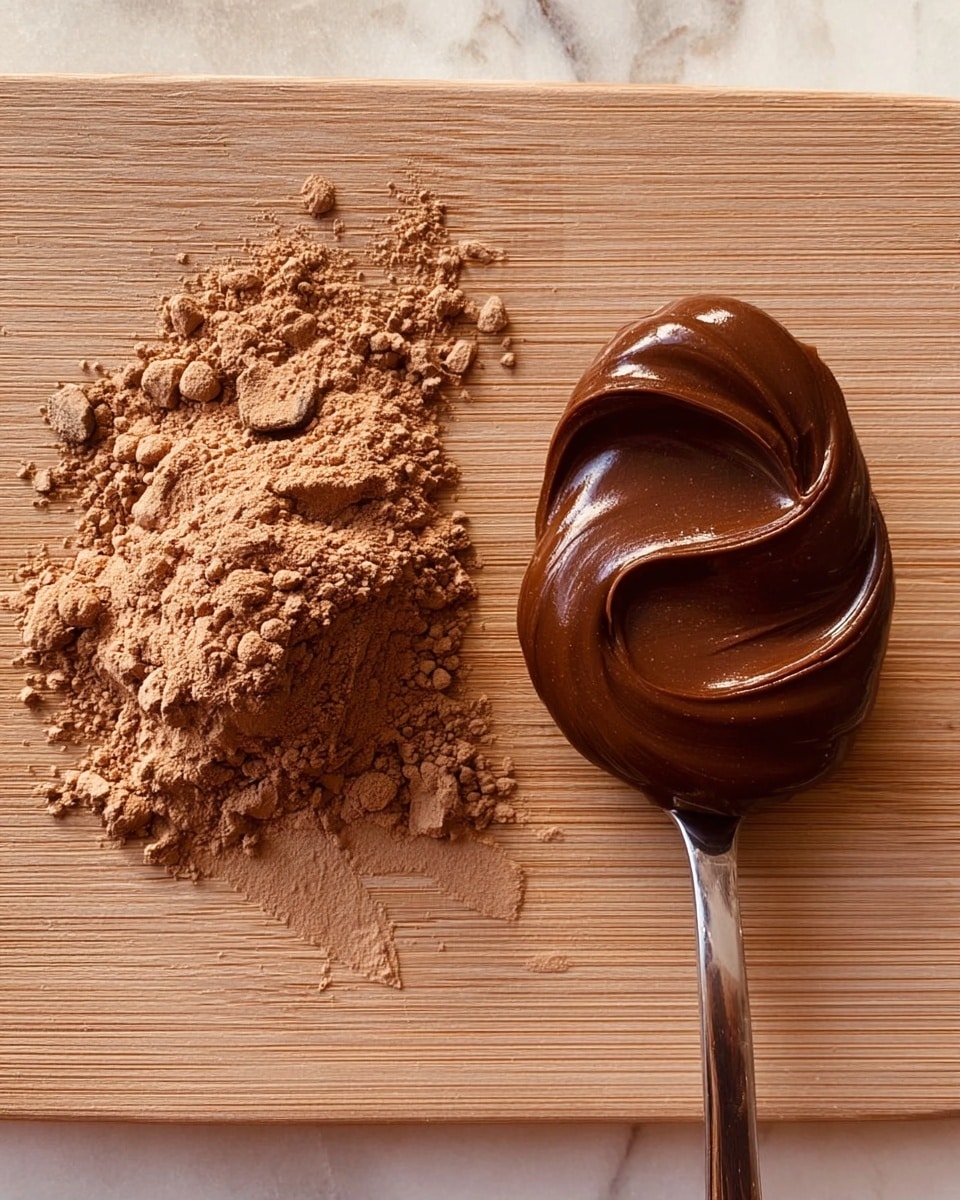 The image shows a wooden board with two main items placed side by side: on the left, there is a small pile of light brown cocoa powder with a slightly crumbly texture, scattered loosely with small clumps; on the right, a metal spoon holds a thick, shiny dark brown chocolate spread with smooth, glossy texture forming gentle swirls on top. The surface and background are changed to a white marbled texture. Photo taken with an iphone --ar 4:5 --v 7