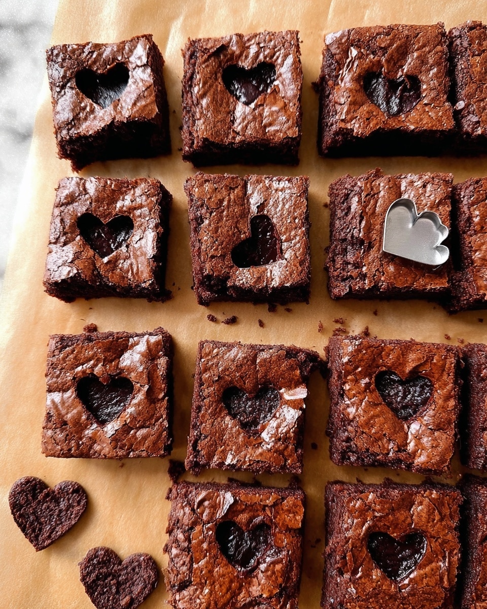 A group of 15 square brownies is arranged neatly on light brown parchment paper over a white marbled surface. Each brownie has a cracked, slightly shiny dark brown top and soft texture inside. Seven of the brownies have small heart-shaped cutouts in the center, showing a darker, moist inside through the holes. A small metal heart-shaped cutter sits on top of one brownie near the middle. Several small heart-shaped brownie pieces are scattered around the edges, adding detail and charm to the layout. The overall look is rich and inviting, with the contrast between the cracked tops and soft centers clearly visible. Photo taken with an iphone --ar 4:5 --v 7