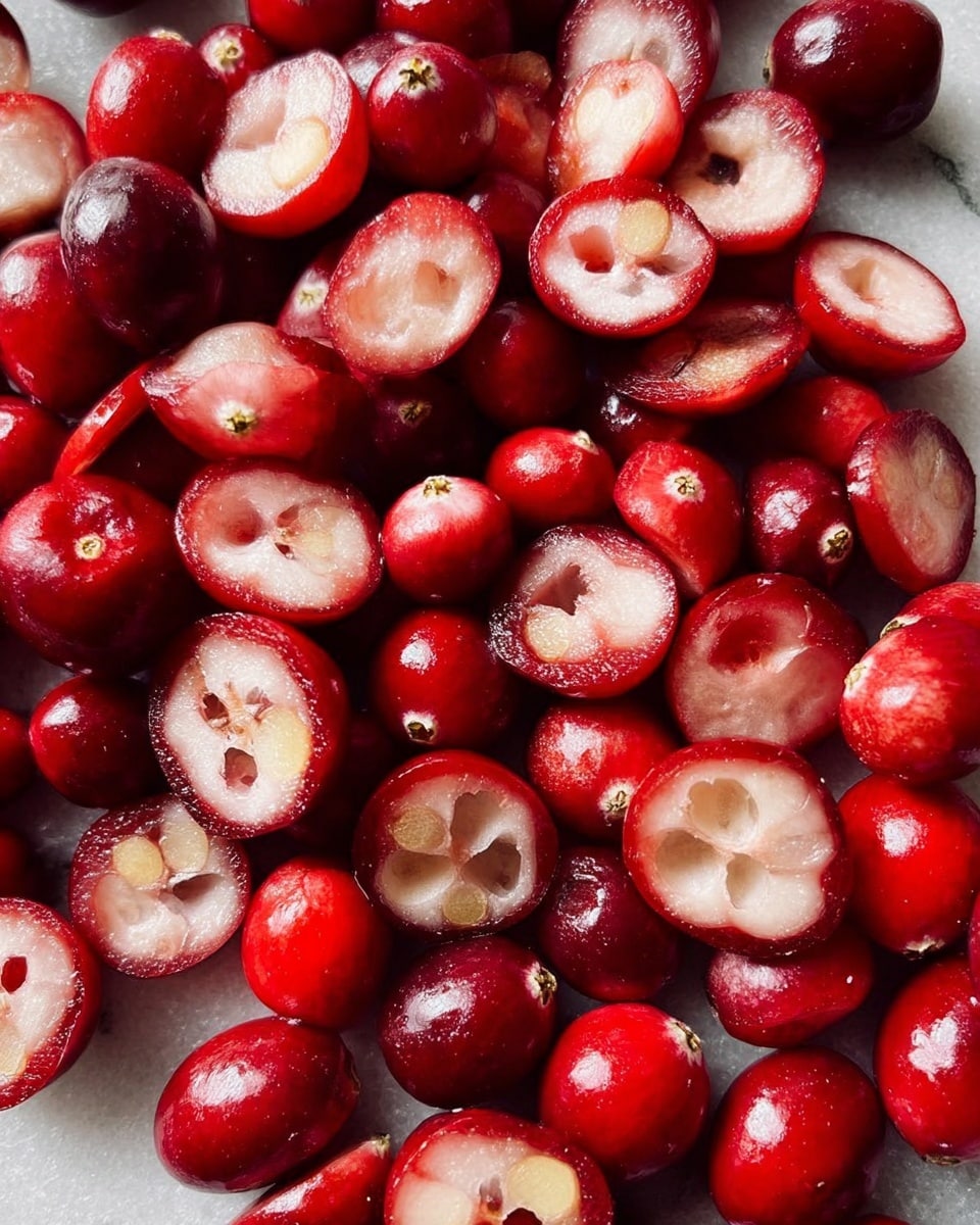 The image shows many small red cranberries that have been sliced in half. The cranberries are spread out closely together, showing their shiny, smooth red outer skin and the pale, creamy inside with tiny seeds visible. The round halves have a mix of smooth and slightly rough textures. The background is a white marbled texture that contrasts with the bright red of the fruit. photo taken with an iphone --ar 4:5 --v 7