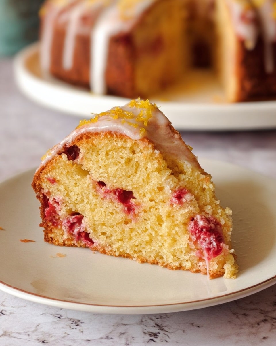 A slice of yellow cake with red fruit pieces baked inside is shown on a white plate. The cake has a golden brown crust on the edges and top. Near the top edge, some white frosting is visible, slightly melted and spread thinly. The cake texture looks soft and moist with a few orange zest shreds on top. In the blurry background, part of a round cake on a white plate is visible. The surface is a white marbled texture. photo taken with an iphone --ar 4:5 --v 7