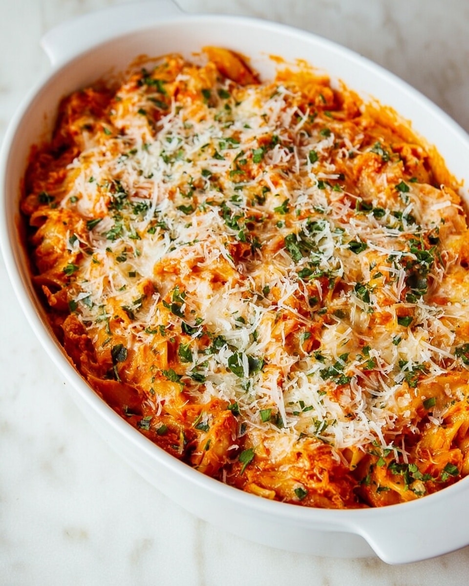 A white oval dish filled with a baked pasta dish that has a rich orange-red sauce mixed with small green leafy herbs spread throughout. The top layer is covered with a light sprinkling of fine white shredded cheese, giving a textured and slightly melted look. The dish is placed on a white marbled surface, and even lighting highlights the gooey, creamy texture of the cheese and sauce mixture photo taken with an iphone --ar 4:5 --v 7