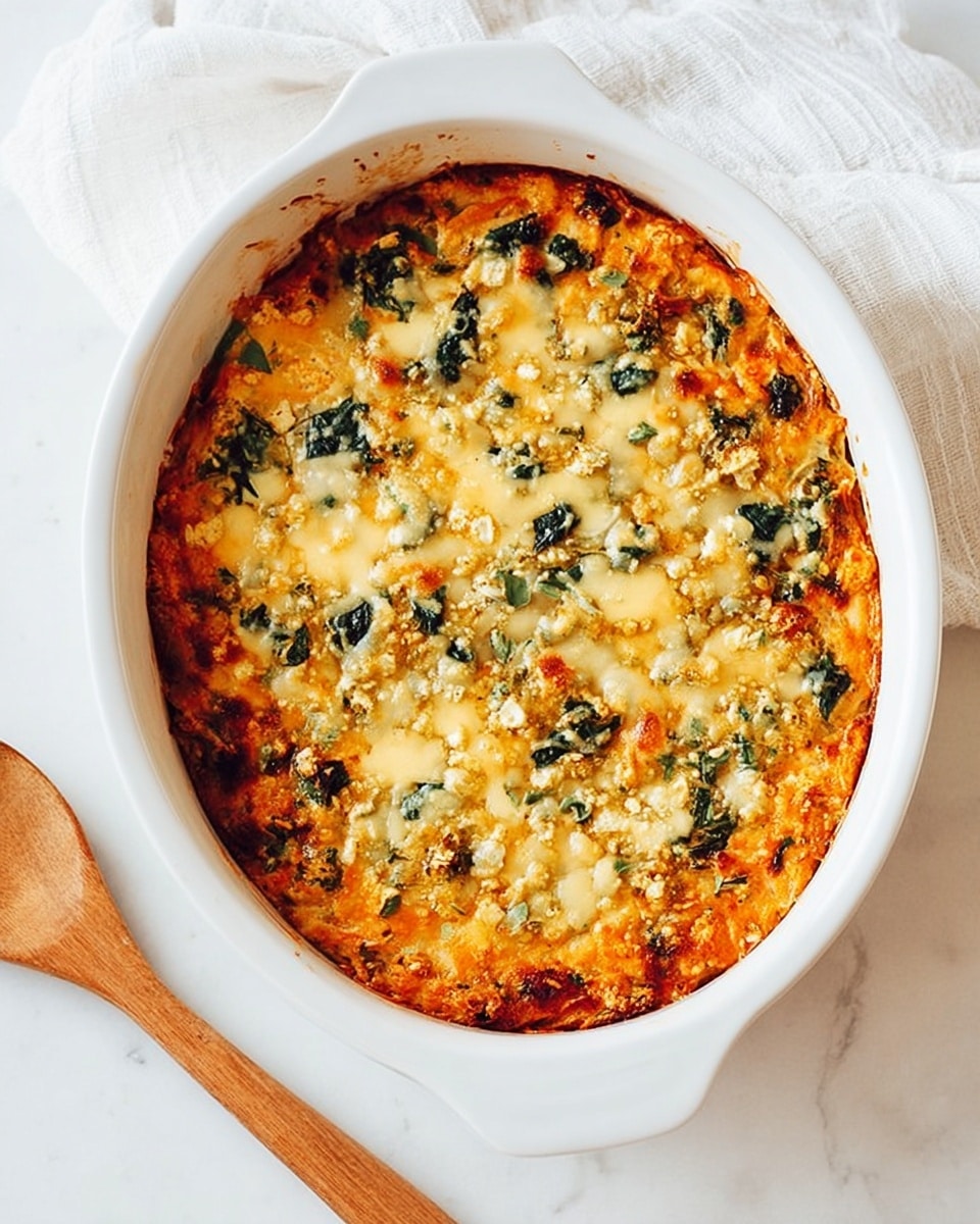 This image shows a white oval baking dish filled with a baked casserole. The top layer is golden brown with melted cheese scattered unevenly, showing some browned and crispy spots. Below the cheese, the casserole has a mix of orange, light brown, and green colors from the sauce, cooked vegetables, and herbs like spinach. The edges of the dish have slight baked brown marks. The dish sits on a white marbled surface with a white cloth and a wooden spoon nearby. Photo taken with an iphone --ar 4:5 --v 7