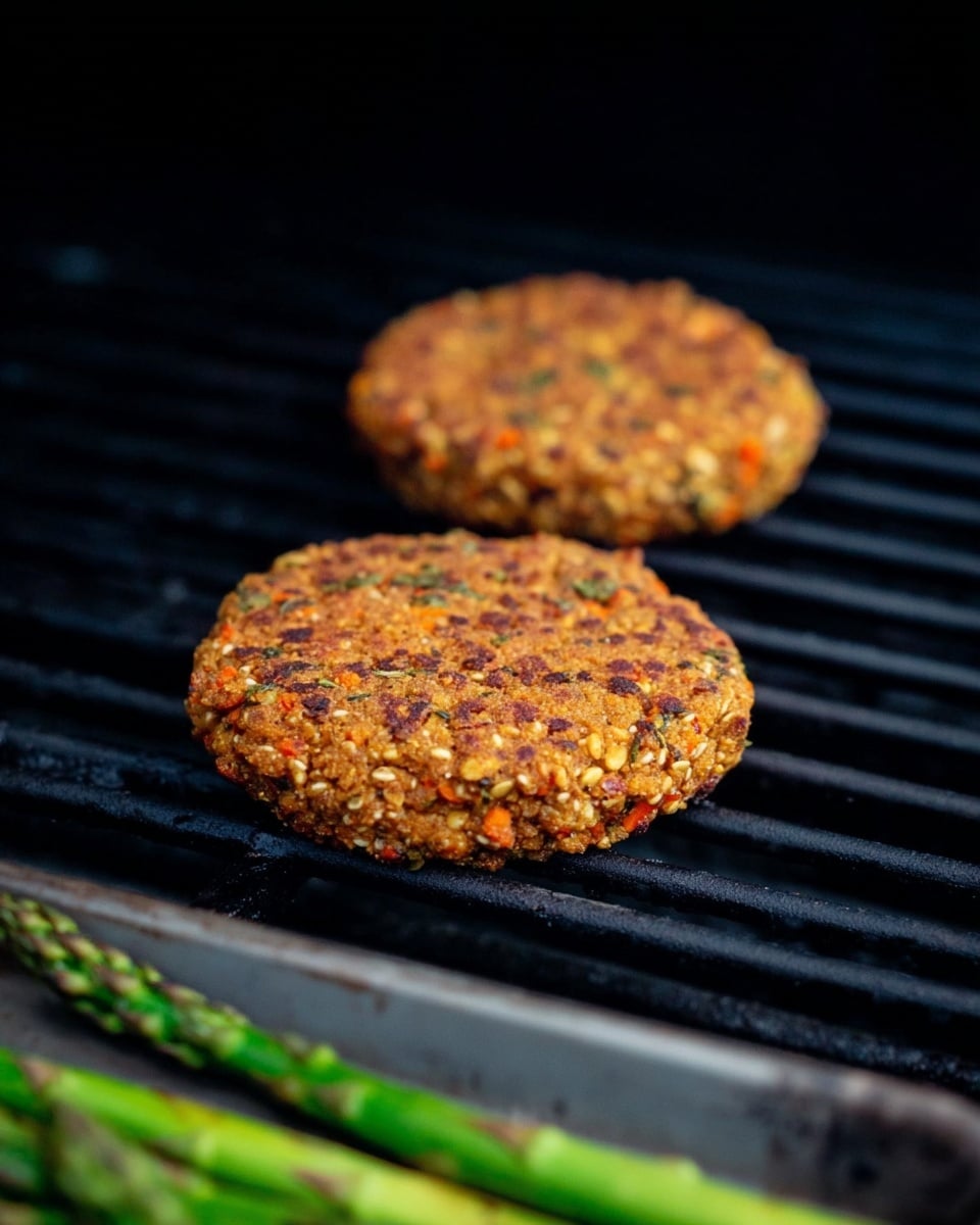 Two round patties with a coarse texture and visible bits of carrots and grains sit on a black grill rack. The patties are golden brown with some darker spots, showing they are cooking. Below the rack, part of a metal tray with grilled green asparagus tips can be seen. The background is dark, making the patties the main focus. photo taken with an iphone --ar 4:5 --v 7