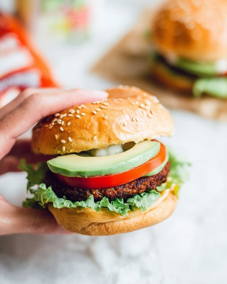 A close-up of a burger held by a woman's hand, with a sesame seed bun layered on the bottom with a dark brown patty, topped with a slice of light green avocado, a slice of tomato, and green leafy lettuce, then covered by the sesame seed top bun. The background is a white marbled texture surface with a package and another burger blurred in the background. Photo taken with an iphone --ar 4:5 --v 7