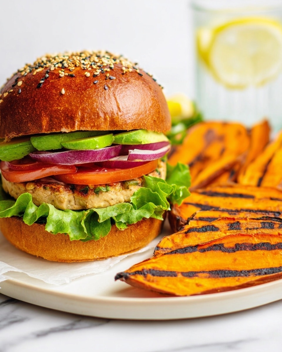 A sandwich with a shiny brown bun covered in sesame and flax seeds on top. The sandwich has layers starting from the bottom with a toasted bun, then a thick light-colored patty, a bright red tomato slice, green avocado slices, purple onion rings, and fresh green lettuce under the top bun. The sandwich sits on a white plate with several grilled orange sweet potato slices with dark grill marks on the right side. The background shows a white marbled surface and a clear glass of water with a lemon slice. Photo taken with an iphone --ar 4:5 --v 7