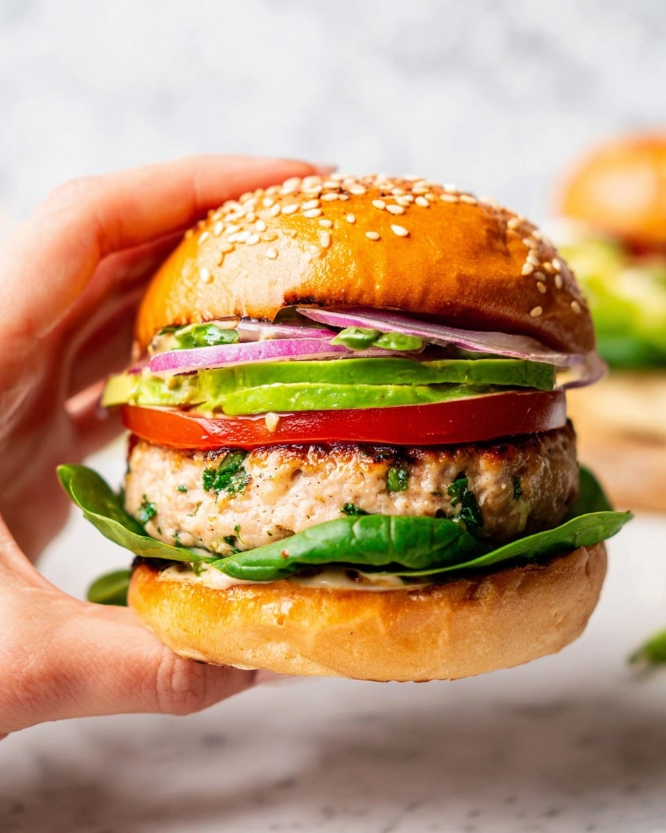 A close-up of a sandwich held by a woman's hand with a white sesame seed bun on top and bottom. The sandwich has five visible layers: a bottom golden brown bun, a thick light-colored patty with green herbs, a bright red tomato slice, slices of green avocado, rings of purple onion, and fresh green spinach leaves, topped with the golden sesame seed bun. The background and surface have a white marbled texture, giving a clean and fresh look. Photo taken with an iphone --ar 4:5 --v 7