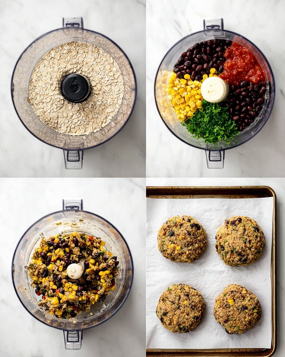 The image shows four steps of making veggie patties in a food processor over a white marbled surface. The first step has a layer of finely ground beige oats inside the clear processor bowl. The second step shows five colorful ingredients arranged separately inside the bowl: black beans (black), salsa (red), corn (yellow), cooked onion (light yellow), and fresh green parsley. The third step shows all ingredients mixed into a chunky paste with visible bits of black beans, corn, and green parsley mixed into a beige base. The last step displays three round, thick patties on white parchment paper lined on a baking tray, showing a mix of dark beans, yellow corn, and green herbs. photo taken with an iphone --ar 4:5 --v 7