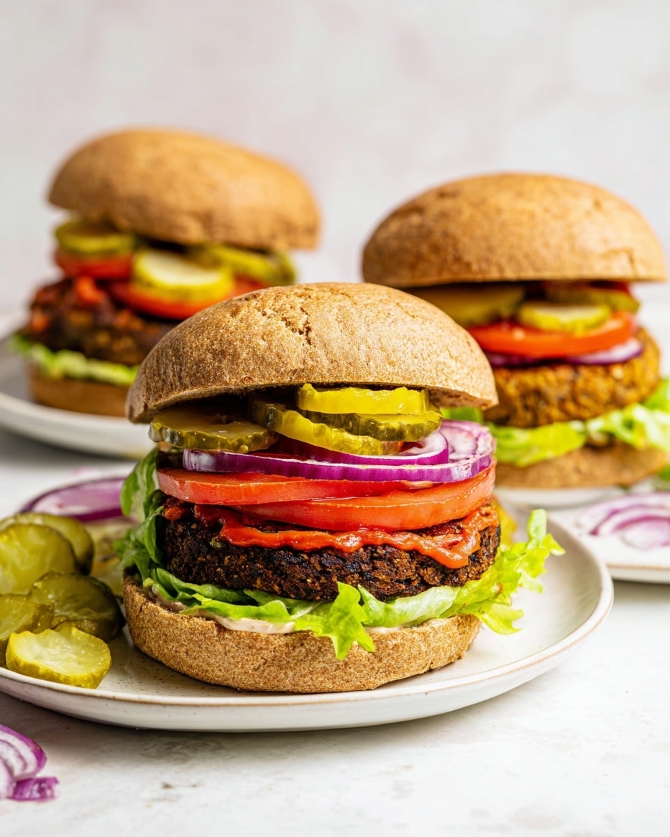 A close-up view of three veggie burgers on a white marbled surface, each with a whole wheat bun. The front burger on a white plate shows layers starting with fresh green lettuce at the bottom, followed by a thick slice of tomato, then a dark brown veggie patty. On top of the patty are slices of red tomato sauce, green pickle slices, thin purple-red onion rings, and several yellow-green pickles. The top bun is slightly tilted. In the back, two more burgers have similar layers with lettuce, tomato, the veggie patty, and onion or pickle slices visible. Some loose purple-red onion rings and pickles sit on the side of the plate. Photo taken with an iphone --ar 4:5 --v 7