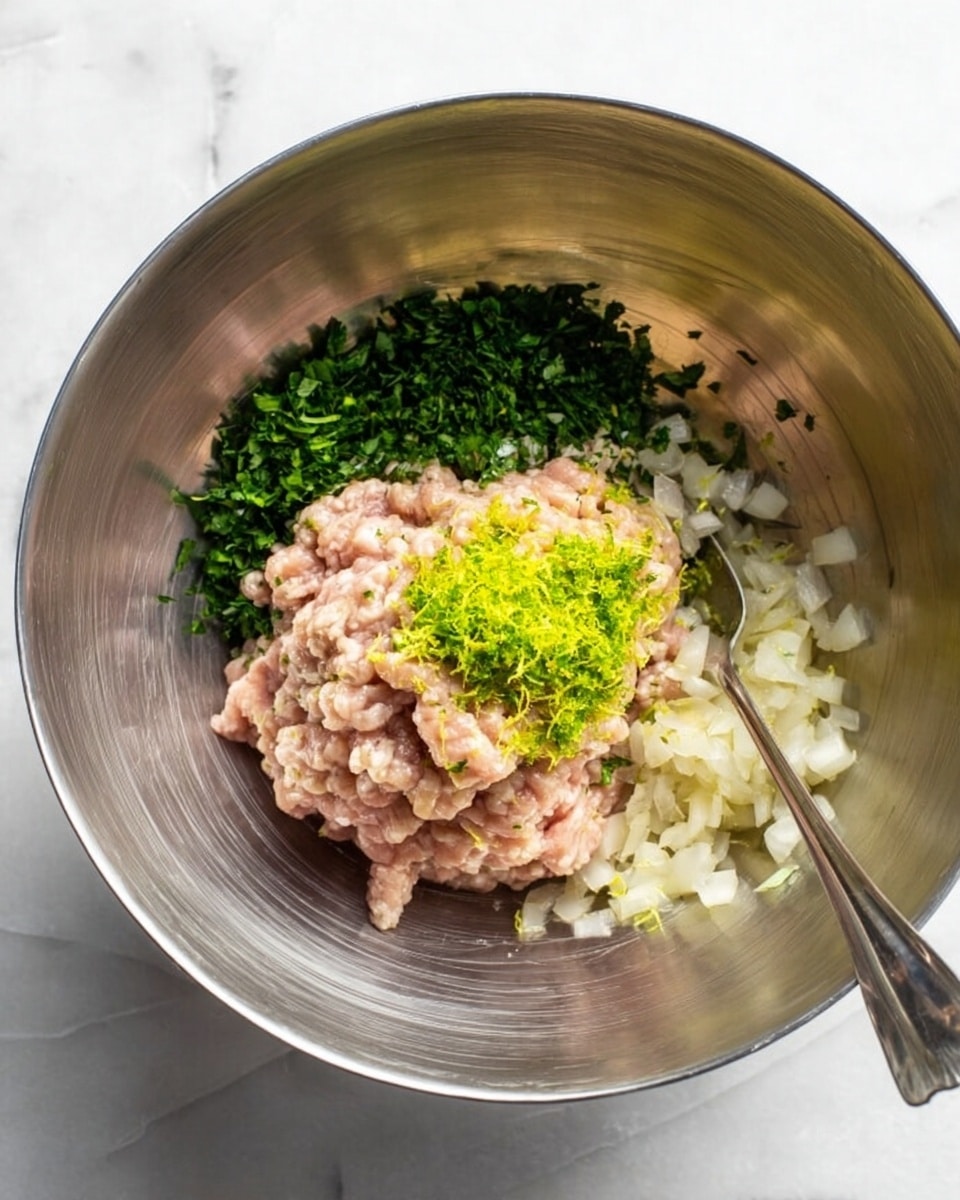 Inside a large silver mixing bowl, there is a mound of pale pink ground meat placed in the center. To the right of the meat are small white diced onions mixed with the meat, and on top of the meat is a sprinkle of finely grated bright green zest. On the left side of the bowl, there is a pile of chopped dark green herbs. A silver spoon leans against the inner side of the bowl. The bowl is set on a white marbled surface. photo taken with an iphone --ar 4:5 --v 7