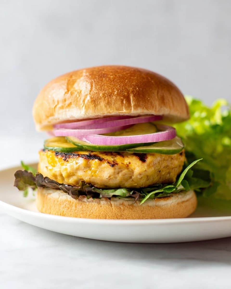 A close-up image of a burger on a white plate, set on a white marbled surface. The burger has four visible layers: at the bottom is a dark green leaf of lettuce, above it rests a thick, grilled pale yellow chicken patty with lightly browned grill marks, followed by two thin light purple rings of onion, then some thin green pickle slices, and all topped with a soft, golden-brown lightly textured bun. Some loose green lettuce leaves are visible behind the burger. Photo taken with an iphone --ar 4:5 --v 7