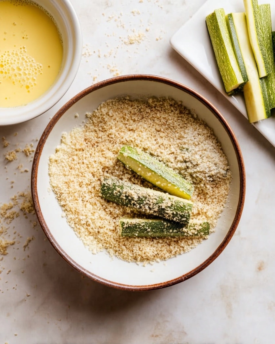 A white bowl with a brown rim holds a layer of coarse light beige breadcrumbs covering the bottom, with three short green zucchini sticks partially buried inside, coated with the crumbs. To the left, a white small bowl contains a pale yellow beaten egg mixture with visible bubbles on the surface. To the right, on a white marbled surface, there is a white rectangular plate holding several green zucchini sticks neatly placed side by side. The scene is softly lit showing a kitchen prep setting. Photo taken with an iphone --ar 4:5 --v 7