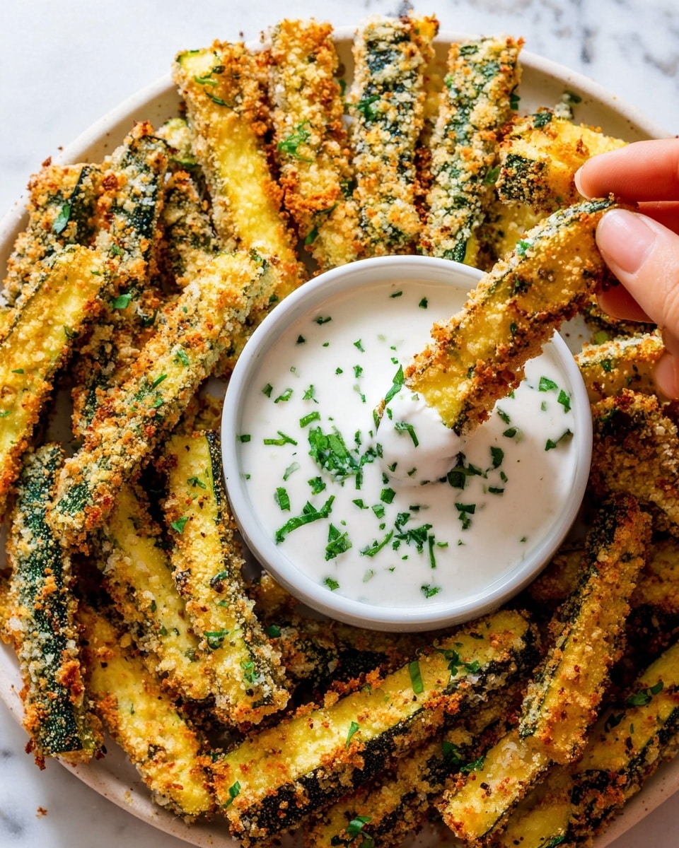 A plate full of crispy baked zucchini sticks coated in a golden, crunchy breadcrumb mix with green herb flecks, arranged around a small white bowl of creamy white dipping sauce garnished with chopped green herbs, a woman's hand holding one zucchini stick dipped halfway in the sauce, all set on a white marbled surface. photo taken with an iphone --ar 4:5 --v 7