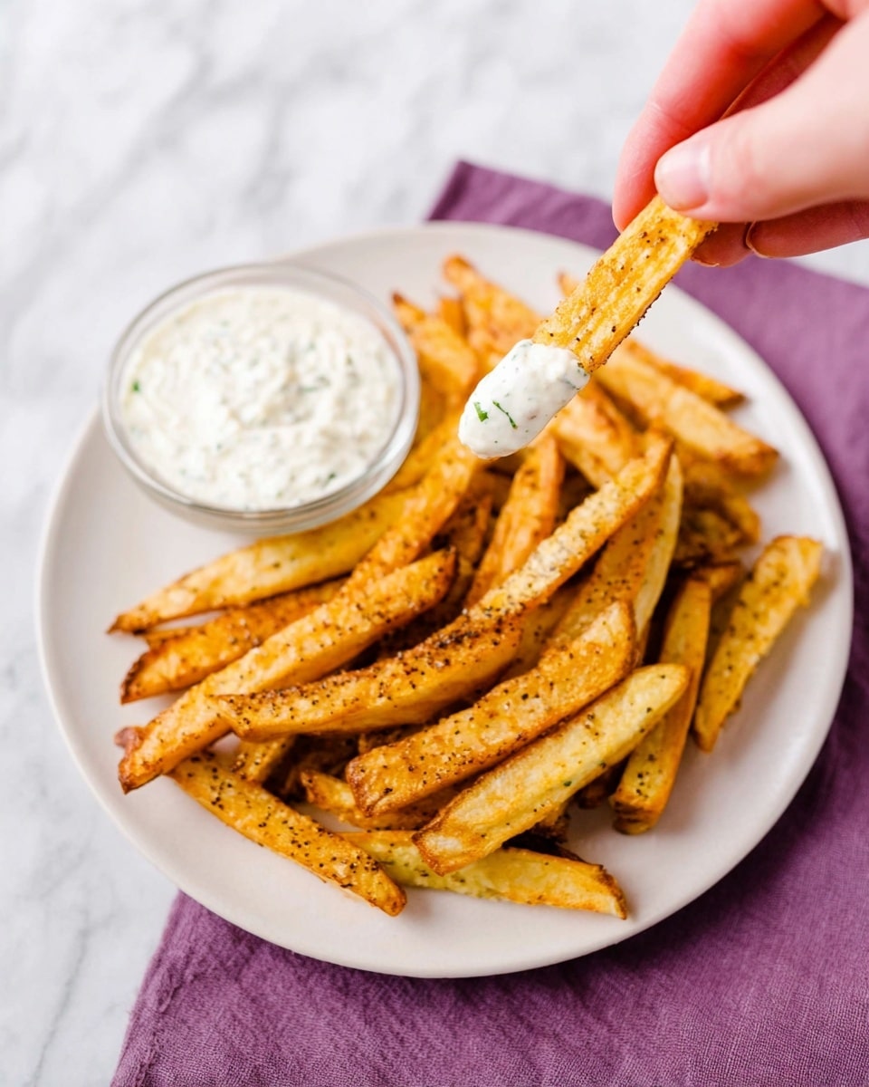A white plate sits on a white marbled surface with a pile of golden-brown crispy fries arranged in a loose stack, some cut in thick wedge shapes and others long and thin, all showing a slightly seasoned texture with visible pepper specks. To the left side of the fries is a small glass bowl filled with creamy white dip, speckled with herbs. Above the plate, a woman's hand holds one fry dipped in the white sauce, with the sauce visibly clinging to the end of the fry. A purple cloth is partially seen under the plate. photo taken with an iphone --ar 4:5 --v 7