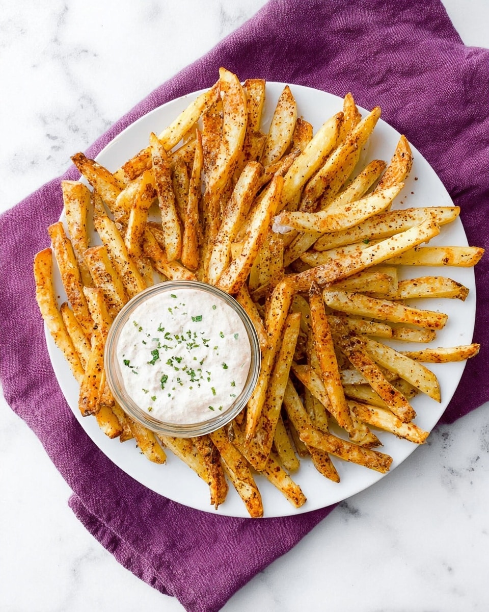 A round white plate sits on a purple cloth over a white marbled surface, filled with thick-cut crispy fries arranged in a fan shape covering most of the plate. The fries are golden brown with a light seasoning speckled across their crispy texture. In the center of the plate, a small clear glass bowl holds a creamy white dipping sauce with tiny green herb flakes on top. photo taken with an iphone --ar 4:5 --v 7