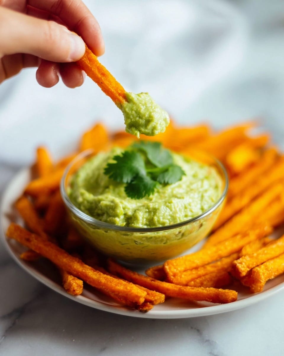 A white plate on a white marbled surface holds a clear glass bowl filled with creamy, light green guacamole topped with a single green cilantro leaf. Around the bowl are orange, crispy fries arranged in a fanned-out circular shape. A woman's hand is picking up one fry dipped in the green guacamole, showcasing its chunky texture. The background is softly blurred with white tones. photo taken with an iphone --ar 4:5 --v 7