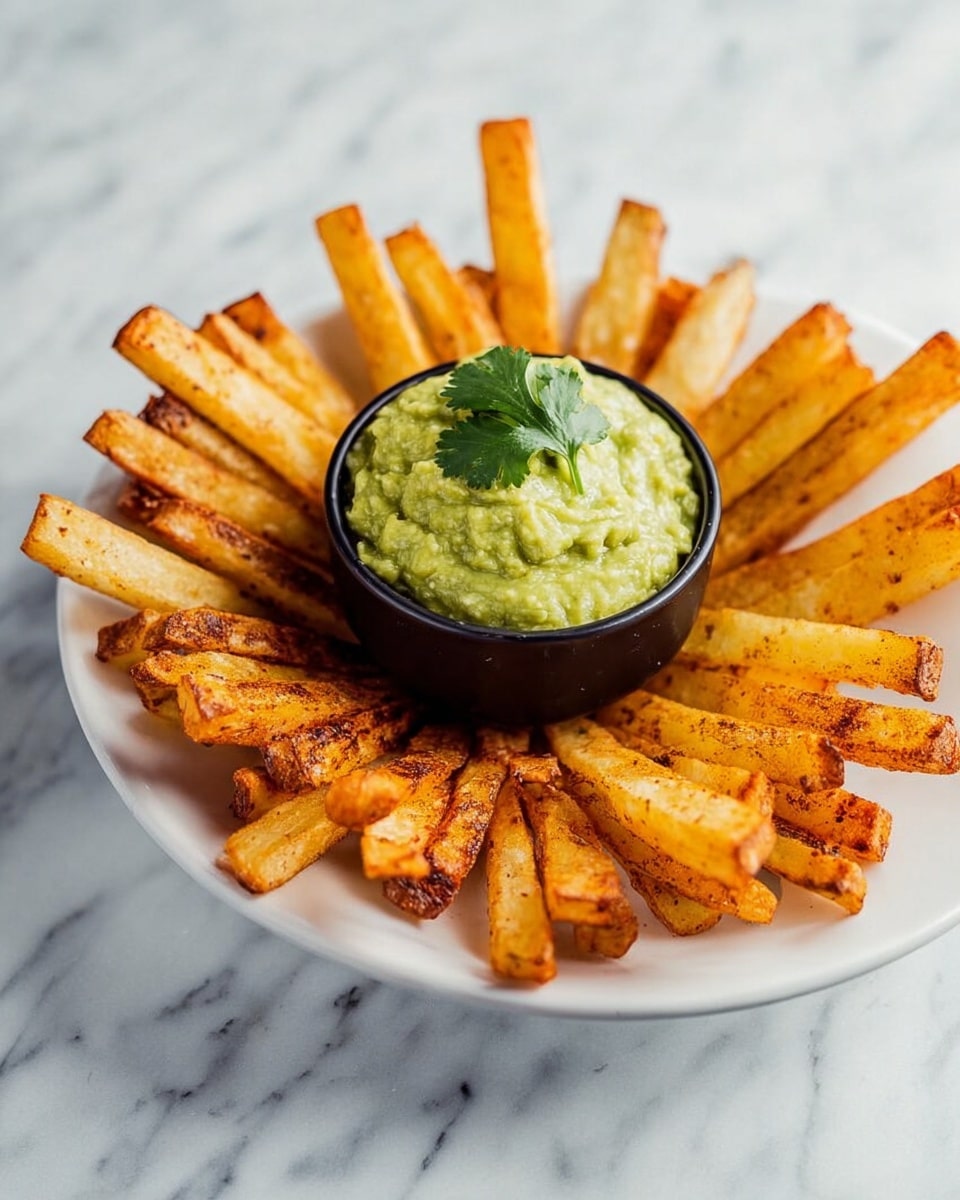A white round plate sits on a white marbled surface, holding a small black bowl filled with creamy green guacamole topped with a single cilantro leaf. Around the bowl, thick golden-brown fries are arranged upright in a neat circular pattern, their crispy texture visible with some charred spots. The contrast between the green guacamole and the warm-colored fries is bright and inviting, photo taken with an iphone --ar 4:5 --v 7