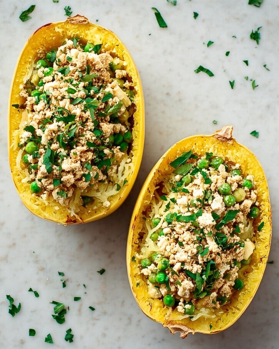 Two halved yellow spaghetti squash shells sit side by side on a white marbled surface, each filled with a layered mixture. The bottom layer inside the shells is a soft, pale yellow squash flesh with a slightly creamy texture. On top of that is a mix of green peas and small diced vegetables, giving a hint of green and light brown colors. The top layer is crumbled tofu or a similar light beige topping, sprinkled with chopped fresh green herbs. Small scattered herbs also decorate the white marbled background around the squash halves. photo taken with an iphone --ar 4:5 --v 7