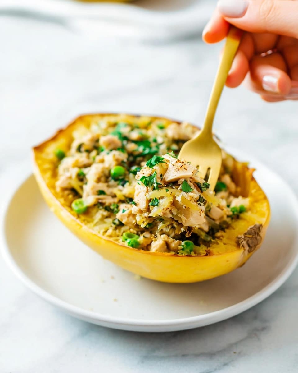A white plate holds a roasted spaghetti squash shell, golden yellow and slightly crisp on the edges, filled with a layered mix of beige chicken pieces, bright green peas, fresh green herbs, and light-colored crumbled topping. A gold fork held by a woman's hand lifts a forkful of the mixed stuffing, showing a soft, textured mix with scattered green peas and herbal bits. The background is a white marbled surface, giving a clean and bright look. photo taken with an iphone --ar 4:5 --v 7