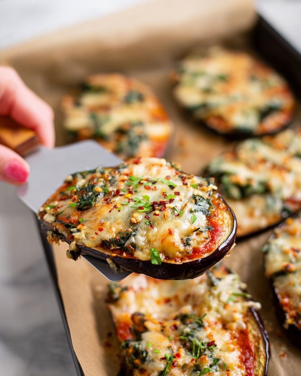 A close-up of an eggplant slice being lifted by a spatula held by a woman's hand, showing three main layers: the bottom dark purple eggplant skin, a middle layer of rich red tomato sauce spread evenly, and a top layer of melted light golden cheese mixed with green spinach and small bits of onion, sprinkled lightly with red seasoning flakes and fresh green herbs. The background shows more similar eggplant slices baked on a baking tray lined with parchment paper on a white marbled surface. Photo taken with an iphone --ar 4:5 --v 7