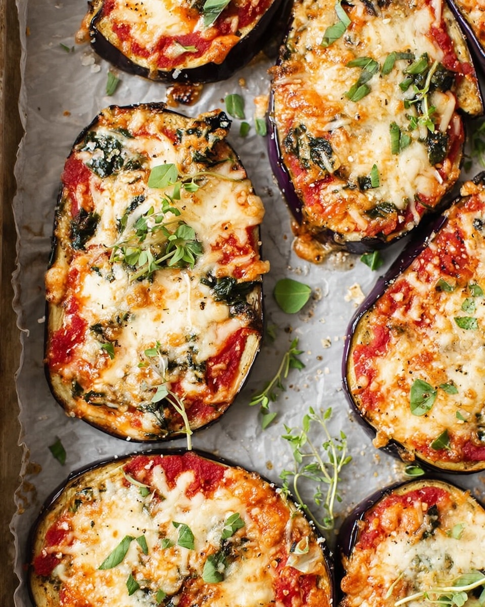 The image shows several slices of eggplant laid out on a baking sheet with parchment paper. Each slice has three visible layers: a dark purple skin on the bottom, a bright red layer of tomato sauce above it, and a melted, light golden cheese layer with bits of cooked green spinach and small white onion pieces sprinkled on top. Small green herb leaves are scattered around the slices, adding fresh color contrast. The overall texture shows melted cheese stretching slightly over the edges with bubbling spots and a lightly browned finish. The background is white marbled texture. photo taken with an iphone --ar 4:5 --v 7