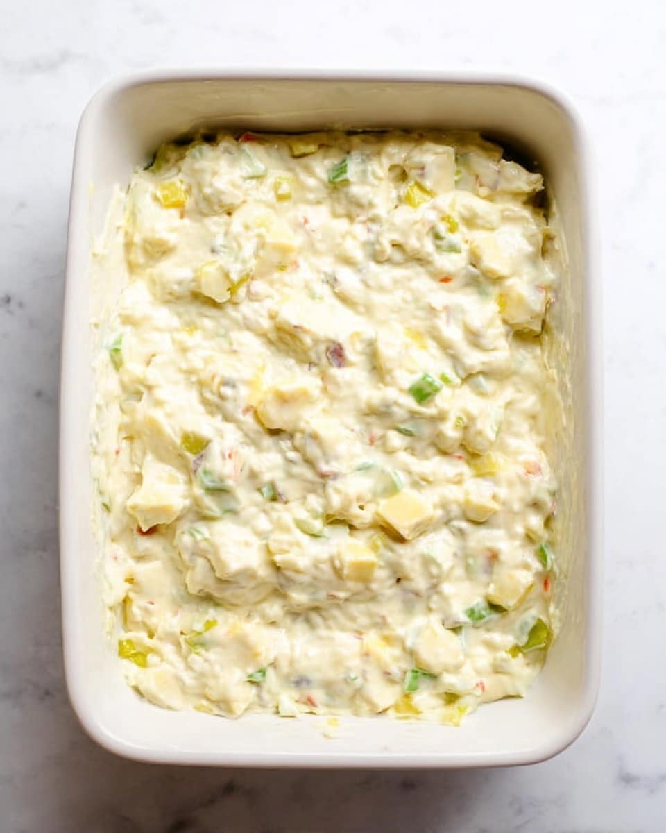 A close-up top view of a white rectangular baking dish filled with one layer of a creamy mixture that looks thick and chunky, containing small pieces of light yellow, pale green, and white ingredients evenly spread across the dish. The creamy texture is smooth with visible small bits of diced vegetables or fruit, all placed on a white marbled surface. photo taken with an iphone --ar 4:5 --v 7