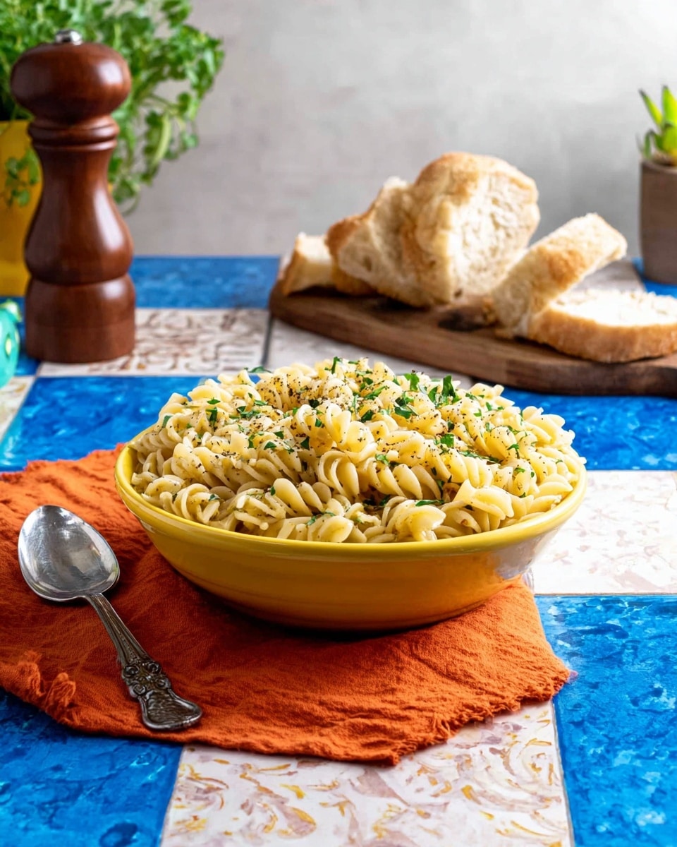 A yellow bowl sits on an orange cloth on a blue and white tiled table with a white marbled texture surface, filled with twisted pasta coated in a light sauce, sprinkled with finely chopped green herbs and black pepper. Behind the bowl, there is a wooden cutting board holding slices of fluffy bread with a slightly golden crust. Nearby, a silver spoon with an ornate handle rests on the surface, and a wooden pepper grinder and green potted plant are partially visible in the background. photo taken with an iphone --ar 4:5 --v 7