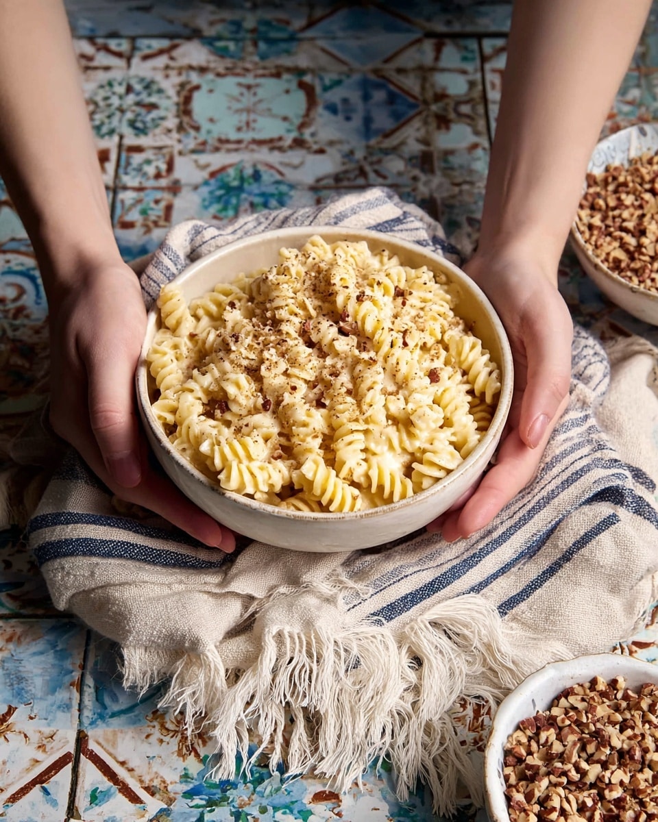 A white bowl filled with pale yellow spiral pasta covered in a creamy sauce topped with small brown nut pieces. The bowl is held by two woman's hands over a folded beige and blue striped cloth with fringed edges. The bowl and cloth rest on a patterned blue and white tiled surface with hints of brown and white, and in the background there is a second white bowl filled with more small brown nut pieces. Photo taken with an iphone --ar 4:5 --v 7
