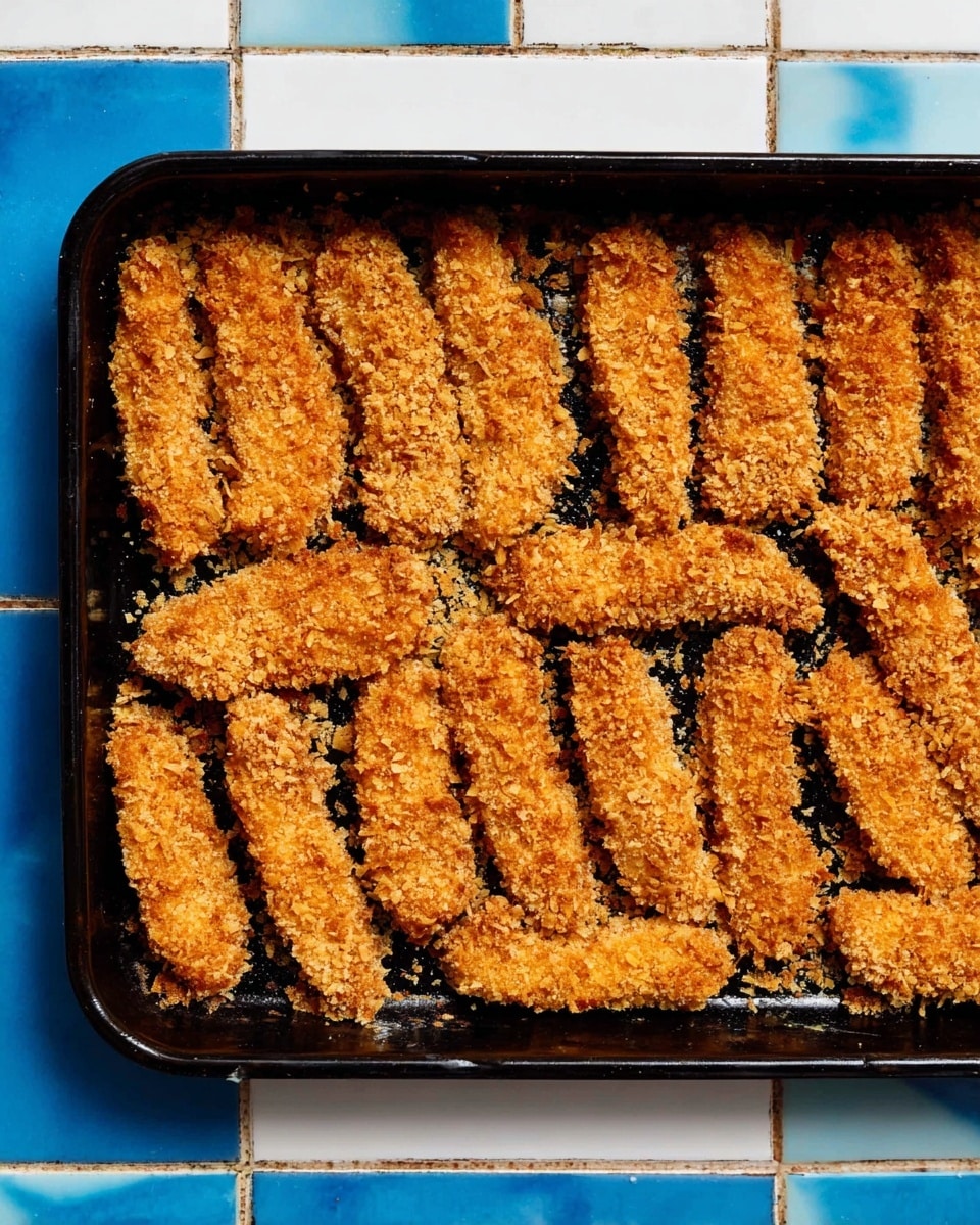 A black baking tray filled with about eighteen golden brown crispy strips arranged in neat rows. The strips have a rough, crunchy texture, evenly coated with a crumbly breading. The tray is placed on a white marbled surface with a border of white and bright blue tiles around it, creating a colorful frame. photo taken with an iphone --ar 4:5 --v 7