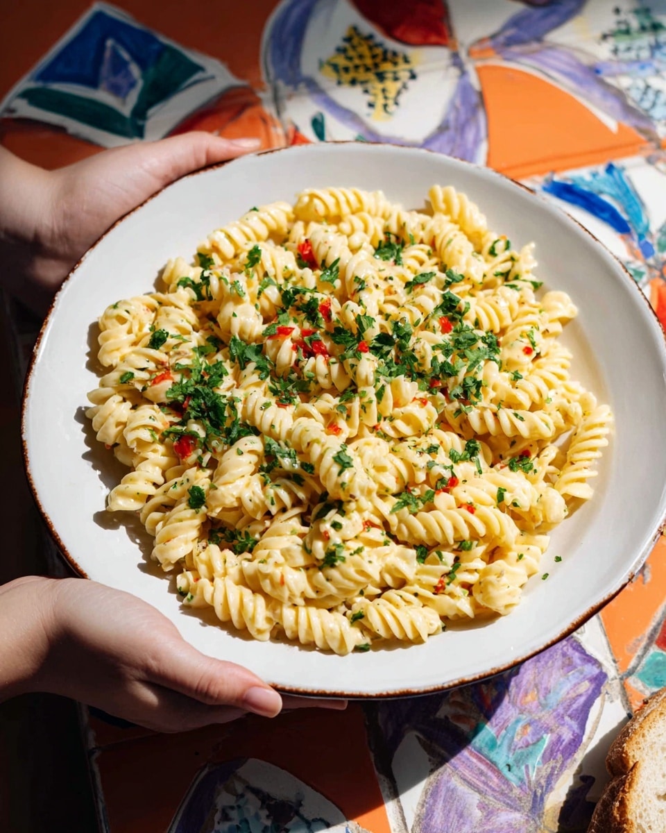 A white shallow bowl filled with creamy yellow rotini pasta, mixed with small bits of red pepper and sprinkled with chopped green parsley leaves on top. A woman's hand holds the bowl from both sides. The bowl rests on a white marbled surface with colorful orange, blue, and purple tile patterns visible around it. Soft natural light illuminates the dish, highlighting the creamy texture and fresh herbs photo taken with an iphone --ar 4:5 --v 7