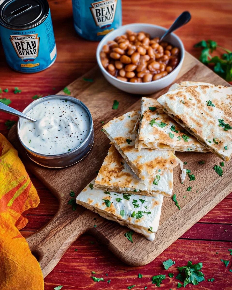The image shows a round flat tortilla spread with a layer of baked beans mixed with brown pieces of cooked meat around the edges, topped with a thick middle layer of shredded white cheese. Above it, a woman's hand is sprinkling more shredded cheese evenly over the tortilla, while she holds a small silver bowl in her other hand. The tortilla and hand are placed on a dark wooden surface with a stack of folded tortillas or wraps on a light wooden board to the right. In the background, there is a blue can of baked beans. The overall setting is warm and homely, with the texture of the tortilla and melted cheese clearly visible. The photo taken with an iphone --ar 4:5 --v 7