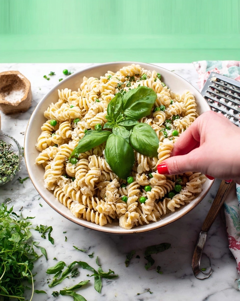 A large white bowl filled with twisted rotini pasta that is creamy light beige in color, mixed with small green peas scattered throughout. On top, there are several fresh bright green basil leaves placed as garnish. A woman's hand with red painted nails is gently placing one of the basil leaves on the pasta. The bowl rests on a white marbled surface with green herbs and a metal grater visible in the soft background. photo taken with an iphone --ar 4:5 --v 7
