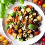 Stale Bread Salad with Roasted Tomatoes, Pesto, and Mozzarella Recipe